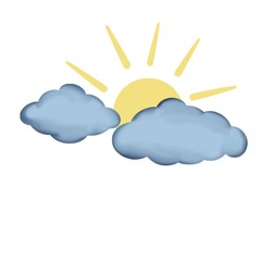 Illustration of sun and cloud. Weather. Watercolor effect.