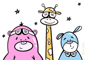 Illustration of cute cartoon animal. Dinosaur and unicorn.  Dino print. Perfect for baby poster nursery, coloring book, t-shirt design, kids apparel, card. Doodle style.