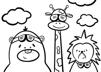 Illustration of cute giraffe, bear and hedgehog. Coloring book 