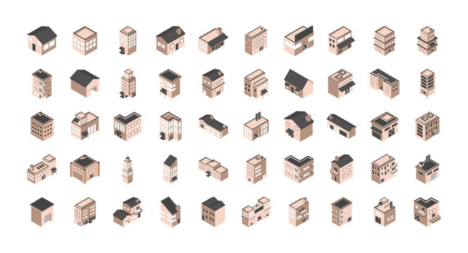 building isometric style icons set