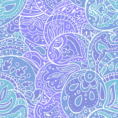 Seamless blue paisley pattern on white background. Oriental decoration print. Boho style, for wrapping, wallpaper, fabric. Indian ornament