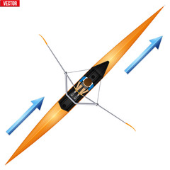 Racing shell and single rower for skull rowing sport. One oarsman athlete inside boat. Top view of Equipment for waters sport rowing. Vector Illustration isolated on white background. © VITAMIN