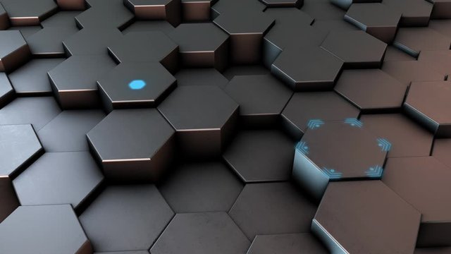 Animation of abstract hexagons with infographic elements. Metal reflective surface in warm cold lighting. 4k video