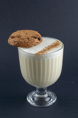 Traditional alcoholic eggnog as a christmas party drink isolated on dark background