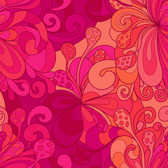 Seamless pattern with colorful magic mushrooms in doodle style. 60s hippie psychedelic art. Vector. Print for fabric