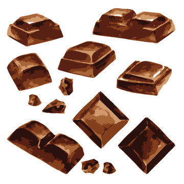 Dark milk chocolate bar set vector watercolor illustration