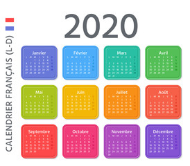 French Calendar 2020 year. Vector. Week starts Monday. France calendar annual wall template. Yearly organizer. Horizontal landscape orientation. Colorful design on white background.
