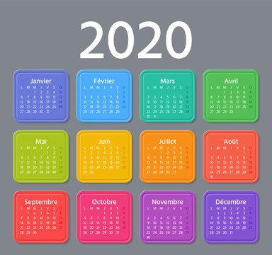 French Calendar 2020 year. Vector. Week starts Monday. France calendar annual wall template. Yearly organizer. Horizontal landscape orientation. Colorful design on dark background.