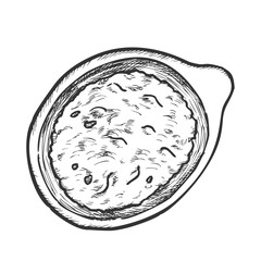 Sweet And Sour Sauce In Bowl Monochrome Vector. Eastern Traditional Tasty Sauce With Species On Plate. Engraving Concept Template Hand Drawn In Vintage Style Black And White Illustration