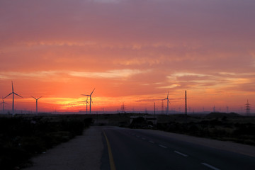 Sunset at Jhampir with windmills 