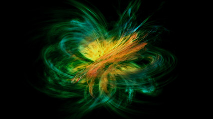 abstract composition: bright swirl yellow-green on dark background, 3d graphics