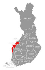 Ostrobothnia red highlighted in map of Finland