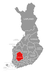 Pirkanmaa red highlighted in map of Finland