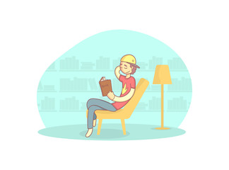 Boy Sitting in Armchair and Reading Book, Guy Relaxing at Home Vector Illustration