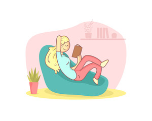Obraz premium Girl Sitting in Armchair and Reading Book, Person Relaxing at Home Vector Illustration