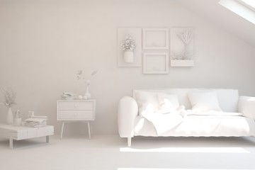 Mock up of stylish room in white color with sofa. Scandinavian interior design. 3D illustration