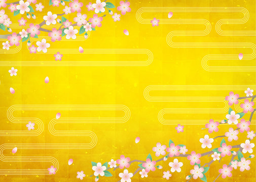 ベクター和風背景素材 桜 金屏風 金箔テクスチャー Stock Vector Adobe Stock