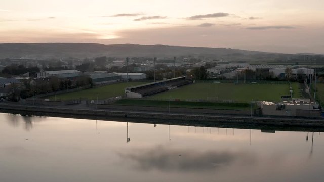 Lakeside Rugby Pitch Seen From Above At Sunrise