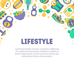 Fototapeta na wymiar Healthy Lifestyle Banner Template with Sports Equipment and Space for Text Vector Illustration