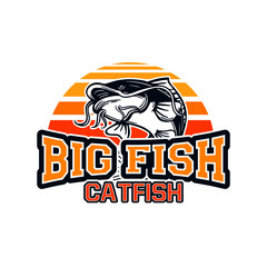 big fish catfish jump with background sun set for logo badge symbol sign fishing club. can also be used on t shirts