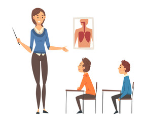 Female Teacher Teaching Students in Classroom at Biology Lesson Vector Illustration