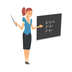 Female Teacher Standing Beside Chalkboard and Explaining Math Lesson Vector Illustration