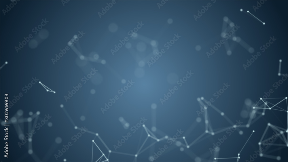 Wall mural abstract blue blurred geometry wireframe network and connecting dot in space on blue background. sec