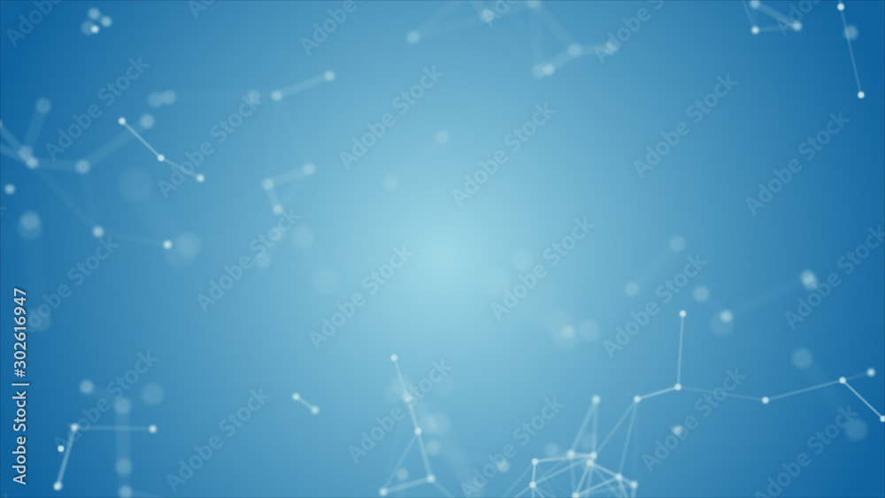 Wall mural abstract blue blurred geometry wireframe network and connecting dot in space on blue background. sec