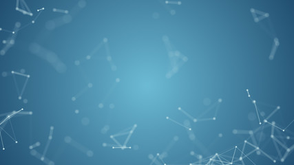 Abstract blue blurred geometry wireframe network and connecting dot in space on blue background. Security of futuristics computer and science concept. Abstract technology concept. 4K graphic design