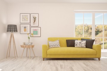 Stylish room in white color with yellow sofa and autumn landscape in window. Scandinavian interior design. 3D illustration