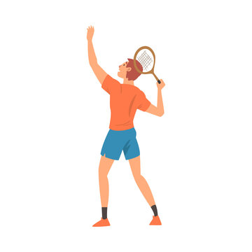 Tennis Player with Tennis Racket, Athlete Character in Uniform Taking Part in Competition, View From Behind Vector Illustration