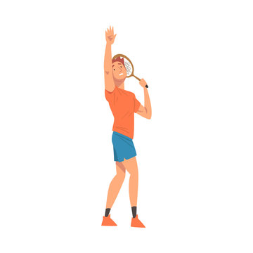 Male Tennis Player with Tennis Racket, Athlete Character in Uniform Taking Part in Competition Vector Illustration