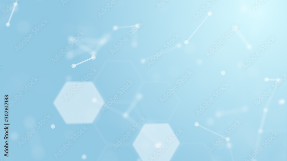 Wall mural 3d abstract white geometry float into medical wireframe network and connecting dot space on blue bac
