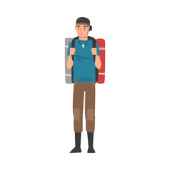 Male Tourist Standing with Backpack and Mats, Summer Travel, Camping, Backpacking Trip or Expedition Vector Illustration