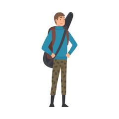Male Tourist Standing with Backpack and Guitar, Summer Travel, Camping, Backpacking Trip or Expedition Vector Illustration