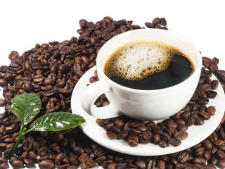 Coffee Cup Coffee Beans Coffee Leaves Isolated On White Background