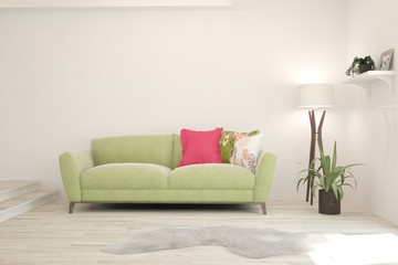 Stylish room in white color with sofa. Scandinavian interior design. 3D illustration