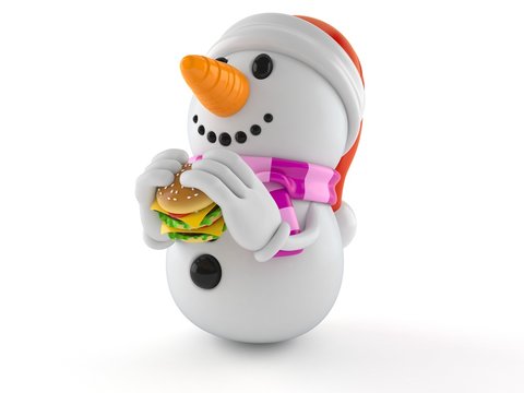 Snowman character eating hamburger