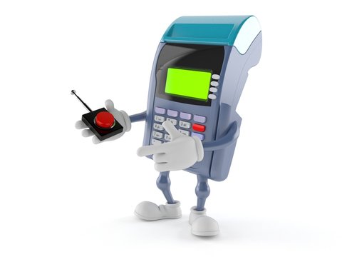 Credit card reader character pushing button on white background