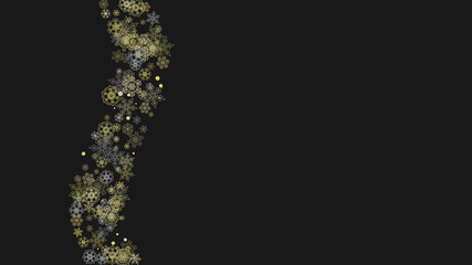 Glitter snowflakes frame on white horizontal background. Shiny Christmas and New Year frame for gift certificate, ads, banners, flyers. Falling snow with golden glitter snowflakes for party invite