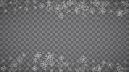 Isolated snowflakes on transparent grey background. Silver glitter snow. Horizontal Christmas and New Year design for party invitation, banner, sale. Winter window. Magic crystal isolated snowflakes