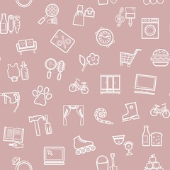 Shops, pattern seamless, monochrome, contour, pink, vector. Different product categories. A subtle, linear pattern. White icons on a pink field.  