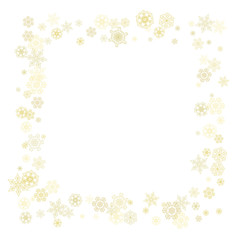 Glitter snowflakes frame on white background. Winter window. Shiny Christmas and New Year frame for gift certificate, ads, banners, flyers. Falling snow with golden glitter snowflakes for party invite