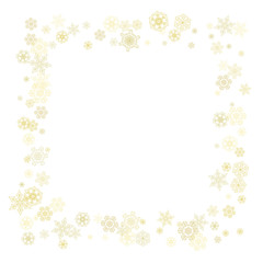 Glitter snowflakes frame on white background. Winter window. Shiny Christmas and New Year frame for gift certificate, ads, banners, flyers. Falling snow with golden glitter snowflakes for party invite