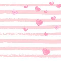 Pink glitter confetti with hearts on pink stripes. Falling sequins with glossy sparkles. Design with pink glitter confetti for party invitation, event banner, flyer, birthday card.