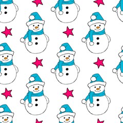 Christmas seamless pattern with snowman, fir trees and snowflakes. Perfect for wallpaper, wrapping paper, pattern fills, winter greetings, web page background