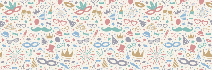 Concept of seamless texture with party ornaments. Vector