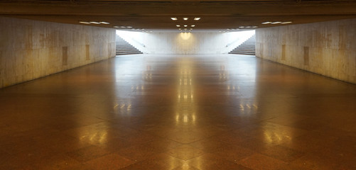 Perspective View of Empty Underground Tunnel Hallway, Pavement, Walkway in Vintage Design LED Light Ceiling Pattern and Ground Flooring Square Brick Pattern Texture Background for mock up