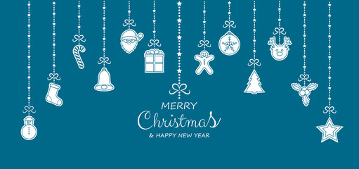 Merry Christmas and Happy New Year - greeting card with hanging ornaments. Vector.
