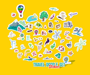 Summer holidays, ocean travel, mountain trip. Vector Set for summer time vacation. Set of stickers with sketch design element summer theme. Hand drawn doodle stickers with adventure objects